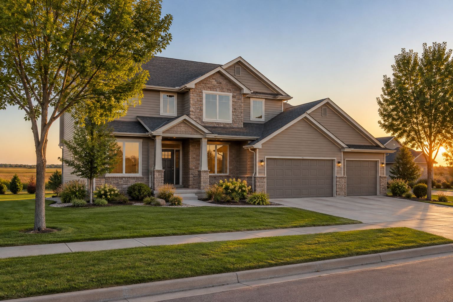A two story home with a front porch and landscaped yard in Sioux Falls