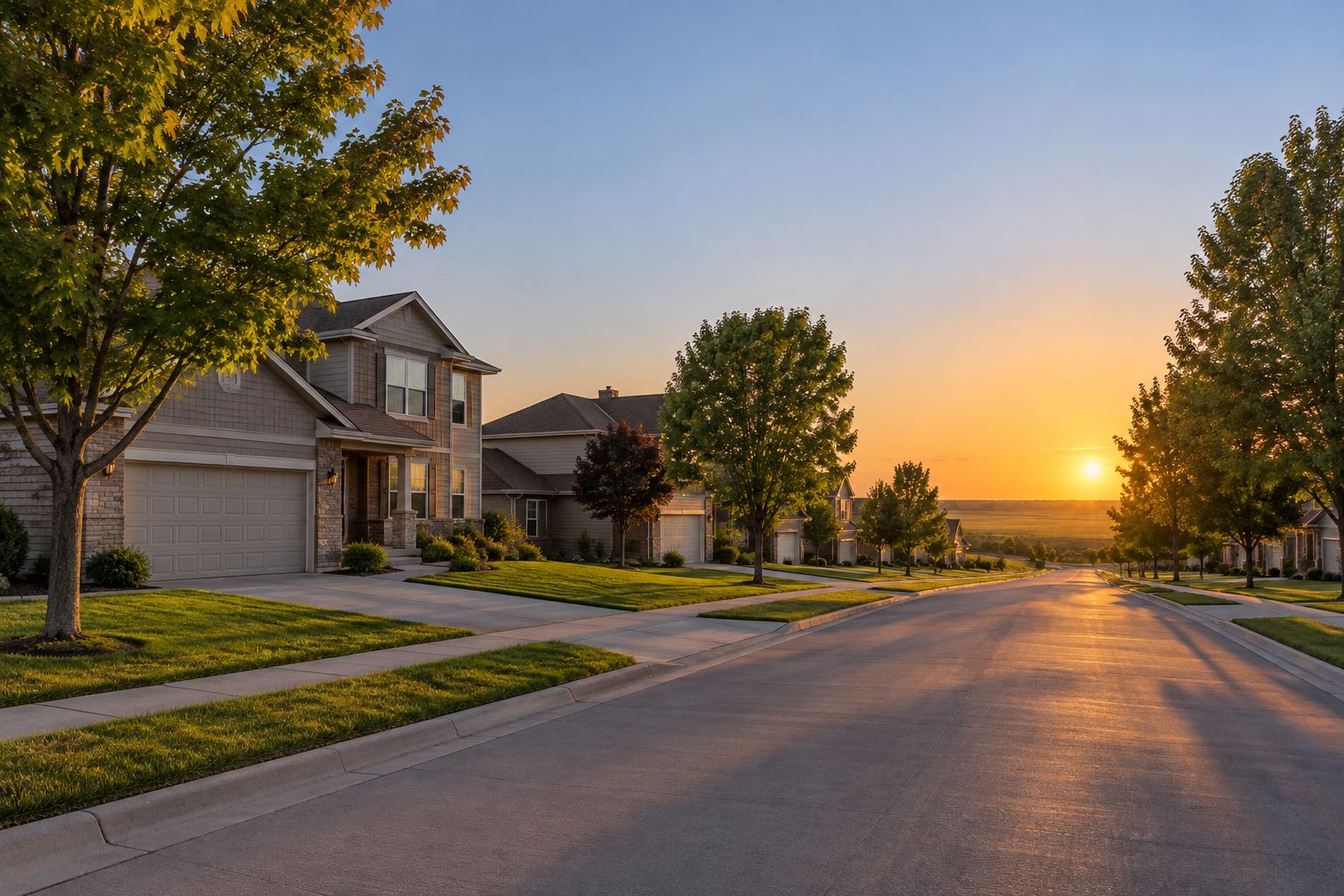 A residential street in Sioux Falls at sunset, illustrative