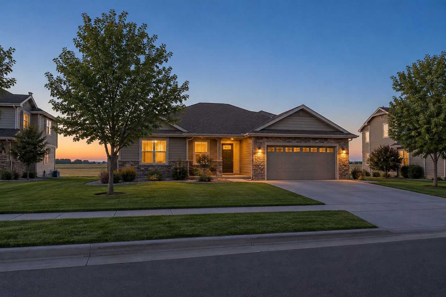 A South Dakota home at dusk, illustrative